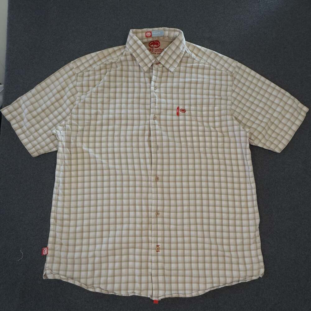 Vintage Y2K Ecko Unltd Short Sleeve Button up Beige Plaid (missing button)